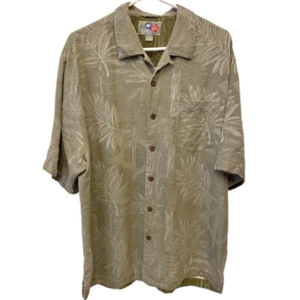 HILO HATTIE Silk Hawaiian Aloha Shirt Green Size Large